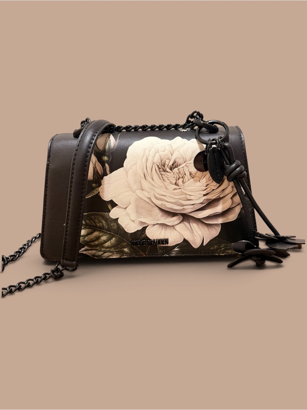 Floral Print Crossbody Bag in Black and Cream